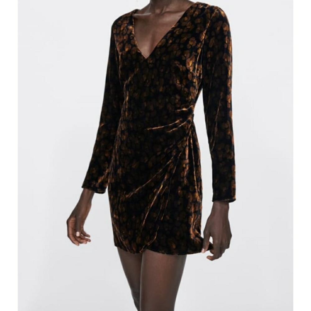 Zara velvet leopard mini wrapped dress